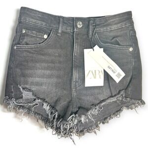 ZARA Women's Black Button Fly High Rise Cut Off Denim Shorts NWT Sz 34/ US 2
